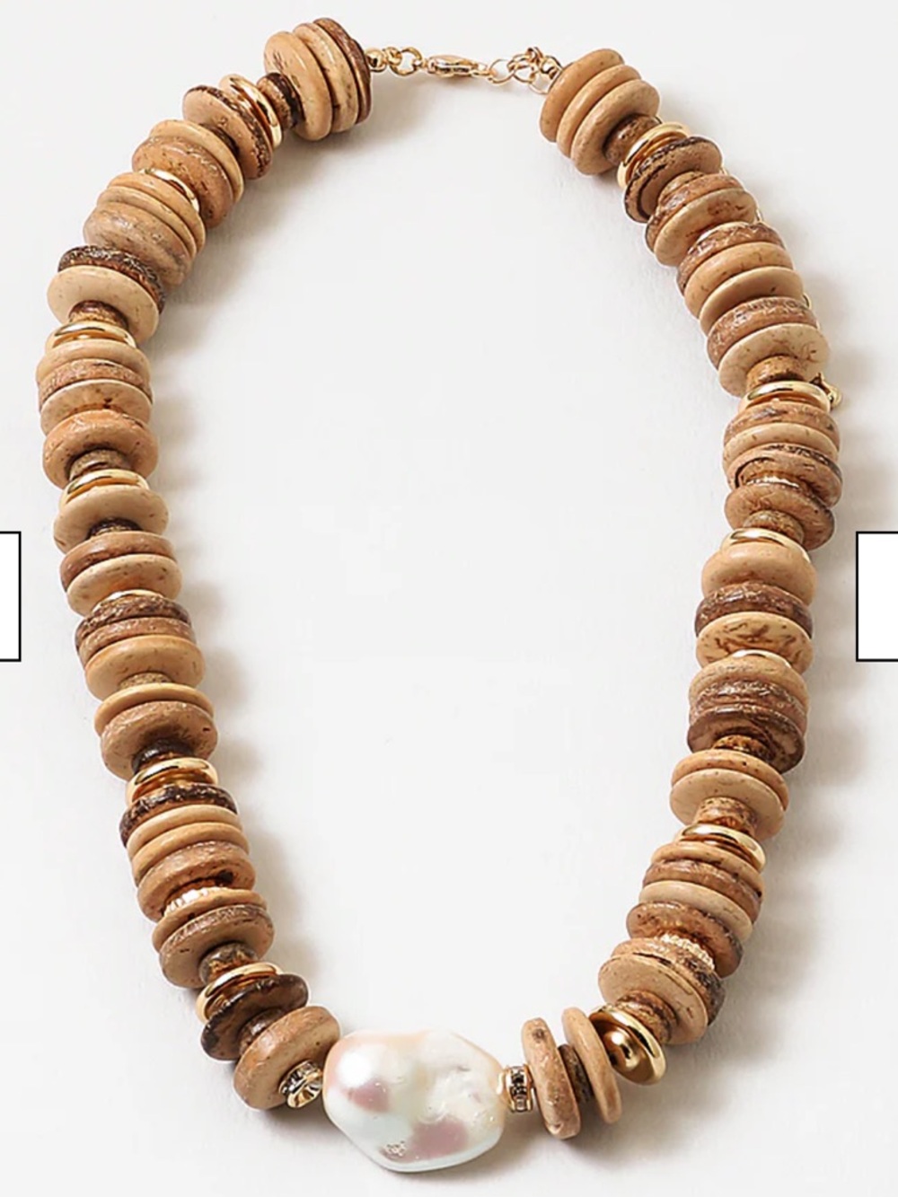 Neutral Brown Beaded Necklace with raw coconut wood and Baroque Pearl Accent